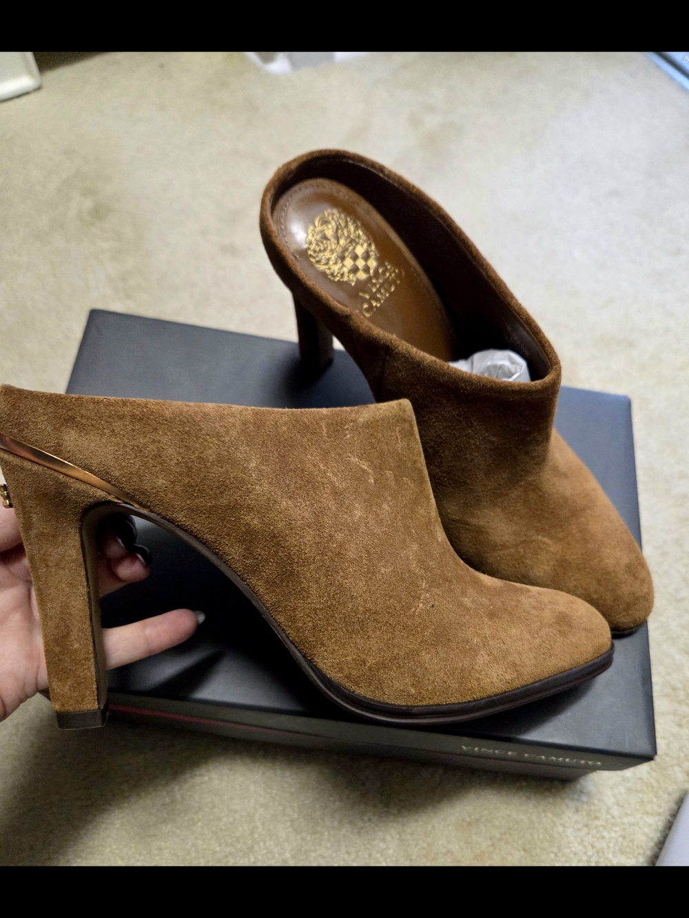 Vince Camuto Solene Burnt Sugar/Tan Suede High Heel Mules